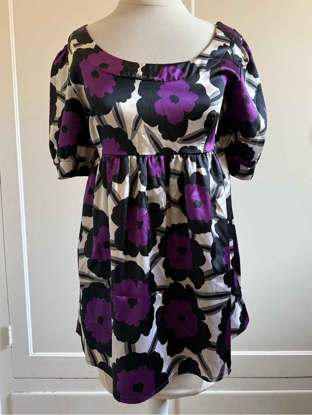 Vintage Y2K Purple & Black Floral Empire Waist Babydoll Top
